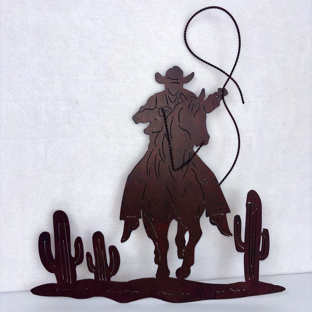Rustic Metal Cowboy Roping Steer Wall Art Cactus Western Ranch Desert Decor 14"